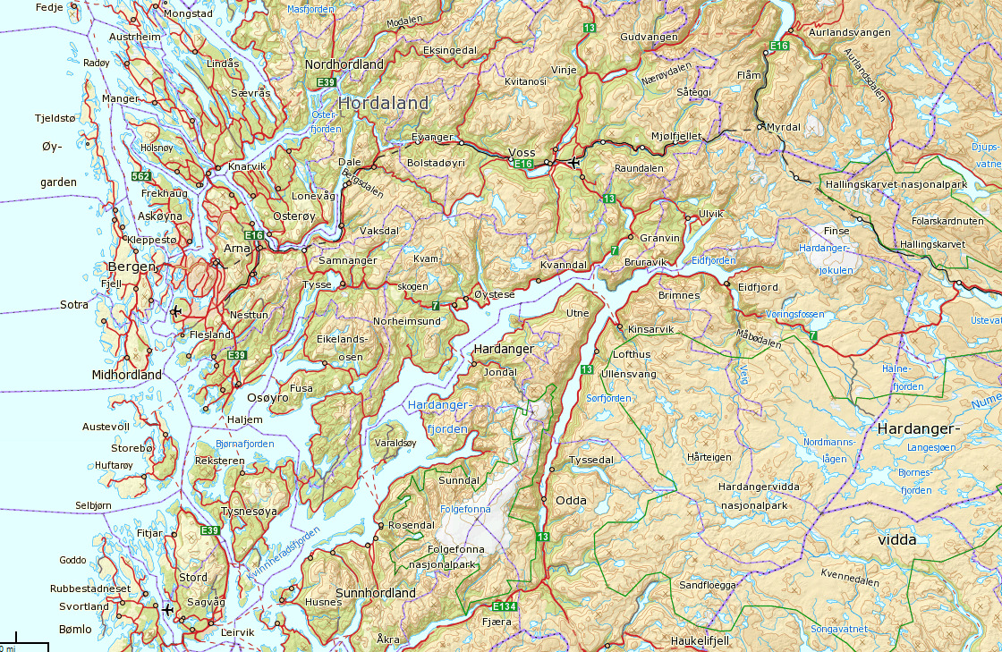 5 Områdebeskrivelse Undersøkelsesområdet ligger mellom fjell og fjord i Kvam herad, fra ca. 700 meter over havet ned til fjorden.