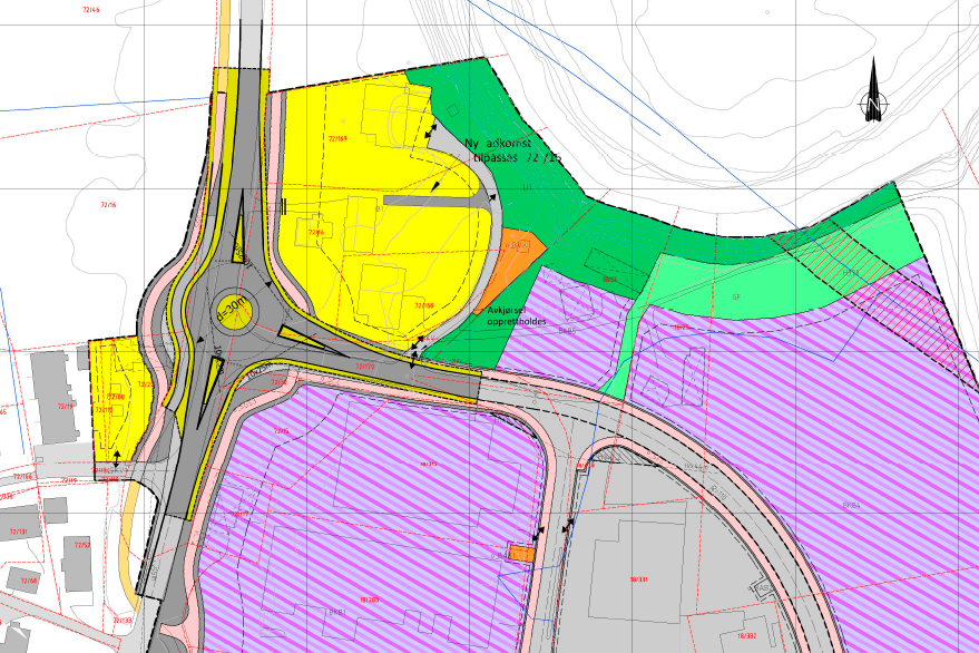 Utsnitt av gjeldende områdereguleringsplan Utsnitt av midlertidig rundkjøring