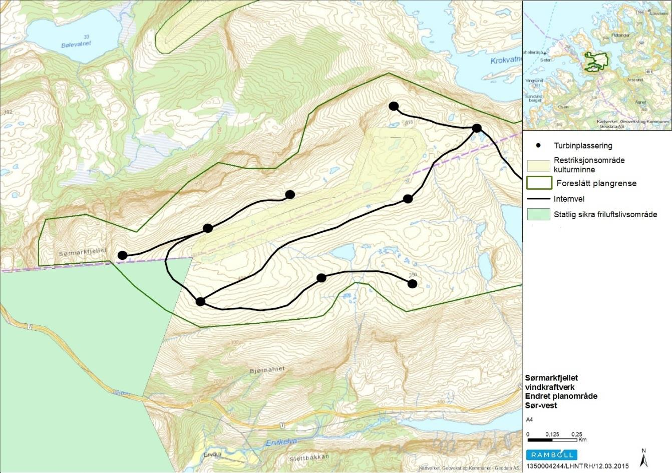 Figur 7 Kartutsnitt som viser forslag til endret planområdet i sør-vest sammen med kartfestede miljøverdier.