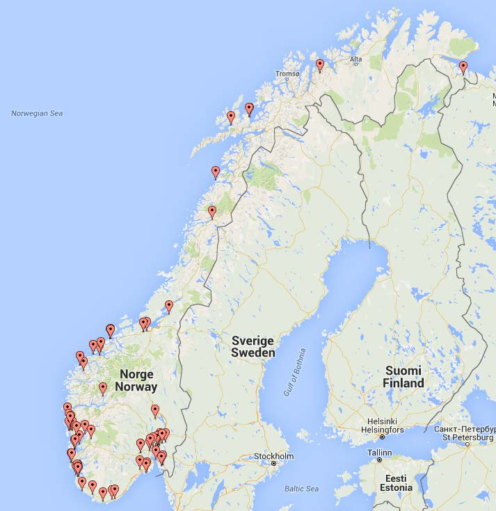 Figur 8: Radiografi-Norge. Geografisk fordeling av radiografivirksomheter. Kart: Google.
