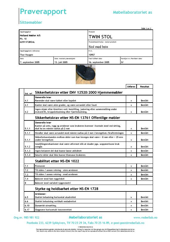 Eksempel på kvalitetstest-/prøverapport (testrapport) fra møbellaboratorium. Sertifikatet utstedes av NMIK-sekretariatet.