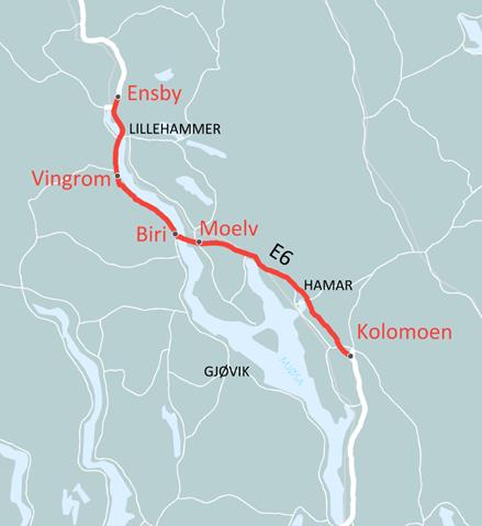 E6 Mjøsregionen Parsell Lengde ÅDT (2014) Antall tunneler Antall bruer Planstatus Massebalanse Antall toplanskryss Kolomoen - Moelv Kontrahering pågår 43 km 13-18000 1 tunnel 16 bruer 2 mill.