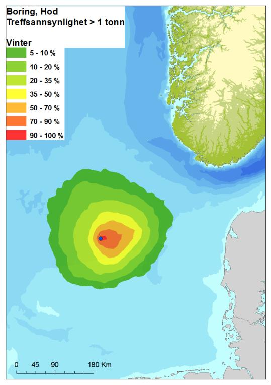 Figur 3-1. Sesongvis sannsynlighet for treff av > 1 tonn olje i 10 10 km sjøruter gitt en overflateutblåsning ved boring på Hodfeltet (DNV, 2013).