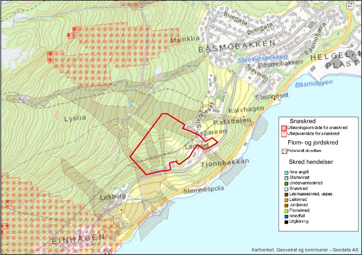 NVEs aktsomhetskart for skred (figur 4) viser at flom- og jordskred er de mest relevant skredtypene i området.