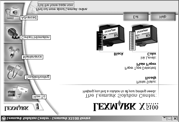 Bruke løsningssenteret for Lexmark X5100 Series I løsningssenteret for Lexmark X5100 Series kan du slå opp i hjelpen for Alt-i-ett-maskinen og kontrollere aktuell status for Alt-i-ett-maskinen.