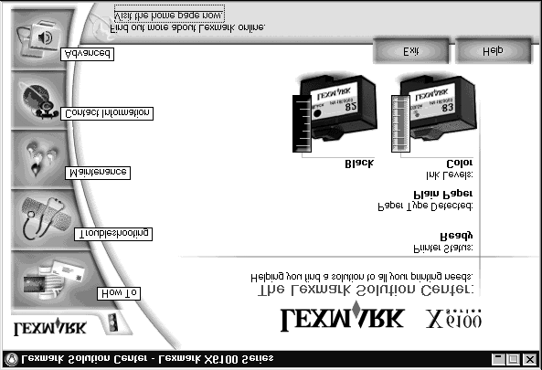 Bruke Lexmarks løsningssenter Lexmarks løsningssenter inneholder hjelp og informasjon om skriverstatus, registrert papirtype og blekknivåer for Alt-i-ett-maskinen.