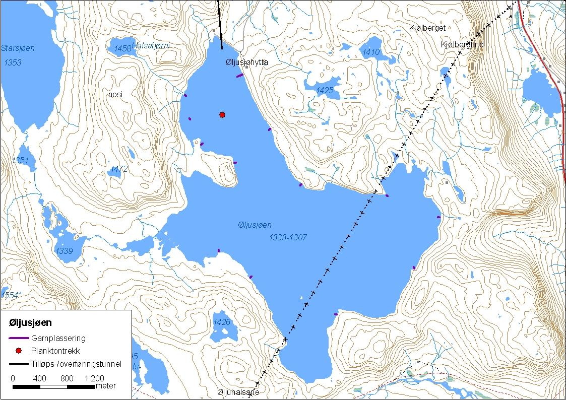 .. Øljusjøen Øljusjøen (innsjønummer ) ligg i Lærdalsvassdraget i Lærdal og Hemsedal kommune (figur 8). Magasinet er 8,7 km² stort, høgaste regulerte vasstand er 333 moh. og reguleringshøgda er meter.