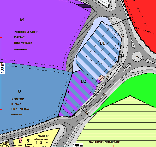 Bebyggelsesplan for Dvergsnes felt B, med tilknytning til Fv3, Dvergsnesveien Formål B1: Kombinert formål forretning og kontor.