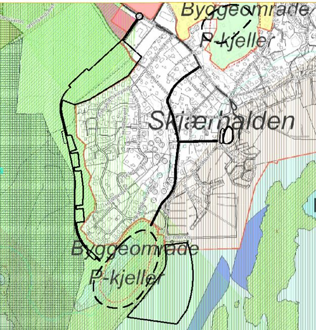 Figur 2: Gjeldende kommuneplan. Planområdet utstrekning vises med sort linje (Hvileberget og Kristinefjellet tas med for å vise helheten).