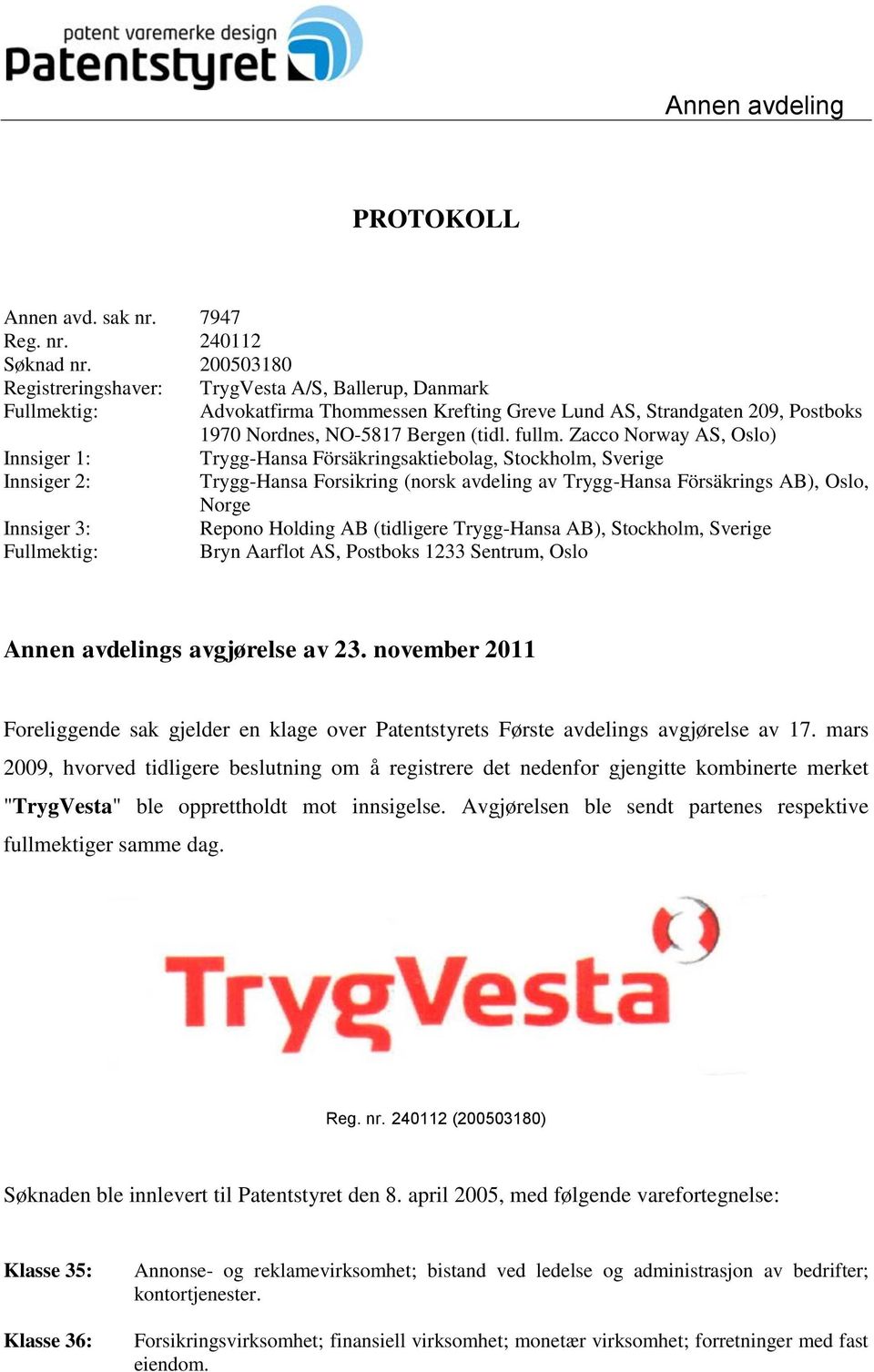 Zacco Norway AS, Oslo) Innsiger 1: Trygg-Hansa Försäkringsaktiebolag, Stockholm, Sverige Innsiger 2: Trygg-Hansa Forsikring (norsk avdeling av Trygg-Hansa Försäkrings AB), Oslo, Norge Innsiger 3: