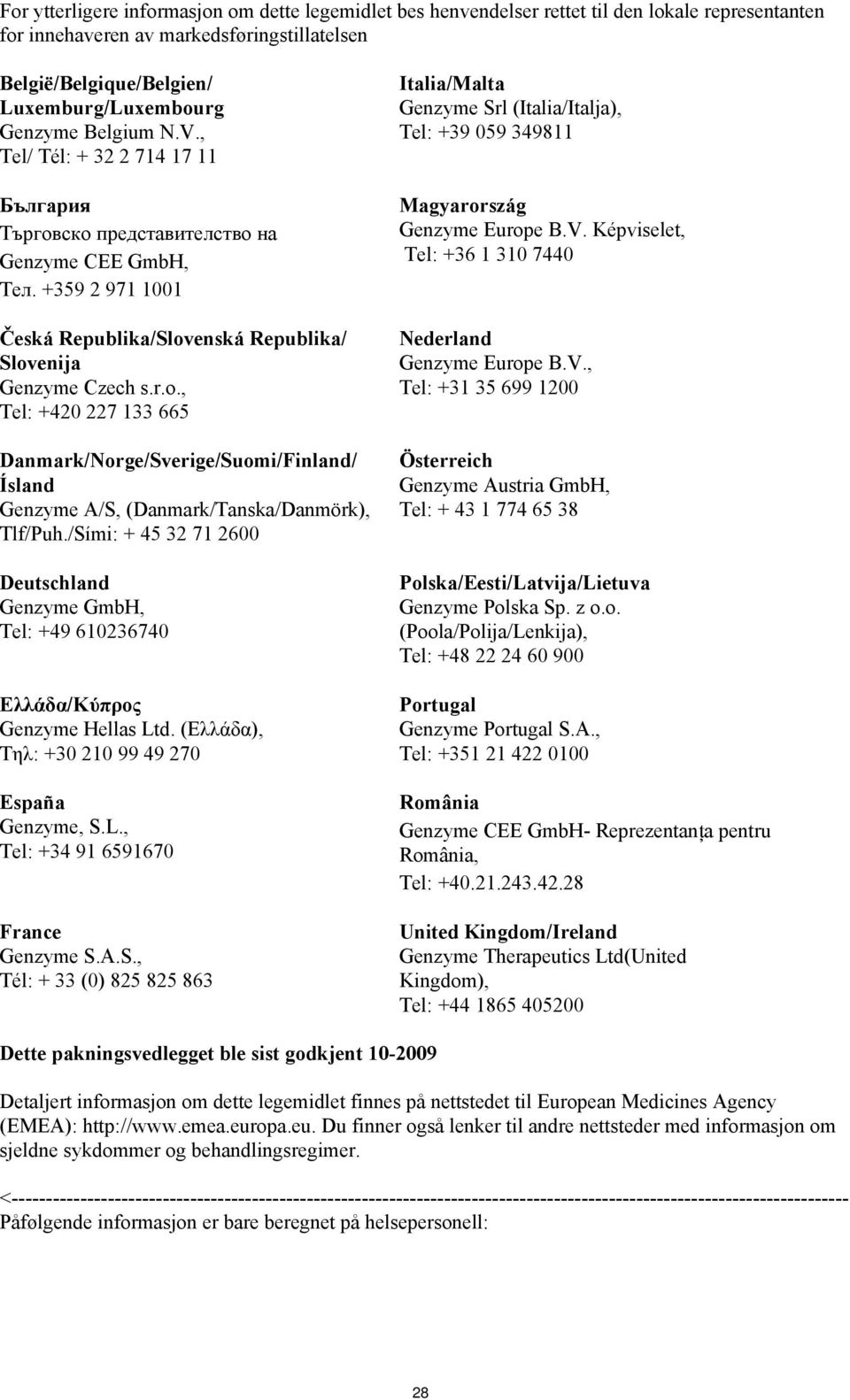 enská Republika/ Slovenija Genzyme Czech s.r.o., Tel: +420 227 133 665 Danmark/Norge/Sverige/Suomi/Finland/ Ísland Genzyme A/S, (Danmark/Tanska/Danmörk), Tlf/Puh.