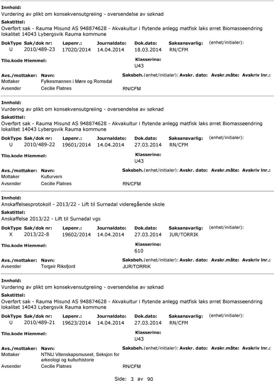 : Mottaker Fylkesmannen i Møre og Romsdal Cecilie Flatnes RN/CFM  Lybergsvik Rauma kommune 2010/489-22 19601/2014 27.03.2014 RN/CFM 43 Avs./mottaker: Navn: Saksbeh. Avskr. dato: Avskr.