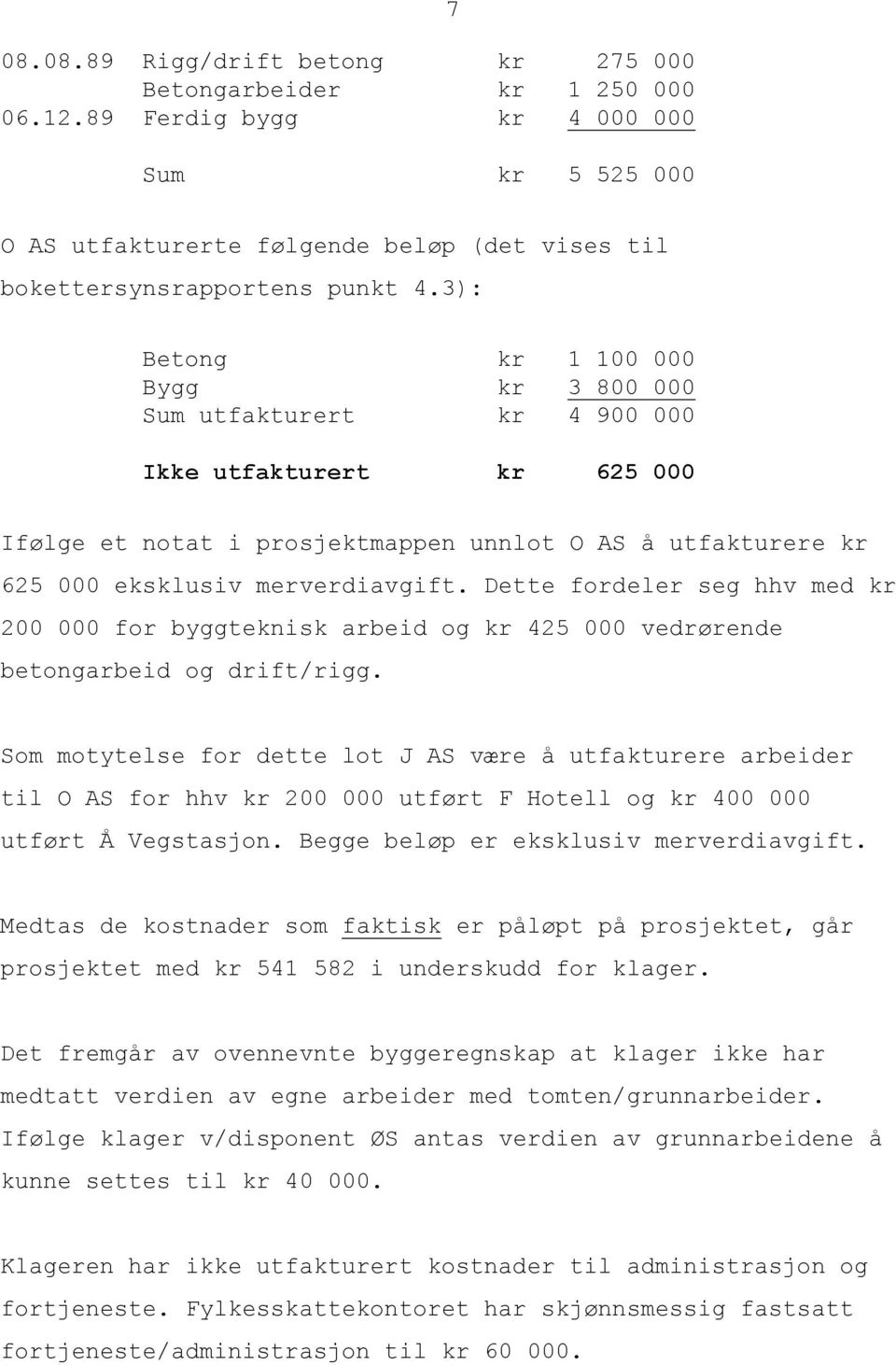 Dette fordeler seg hhv med kr 200 000 for byggteknisk arbeid og kr 425 000 vedrørende betongarbeid og drift/rigg.