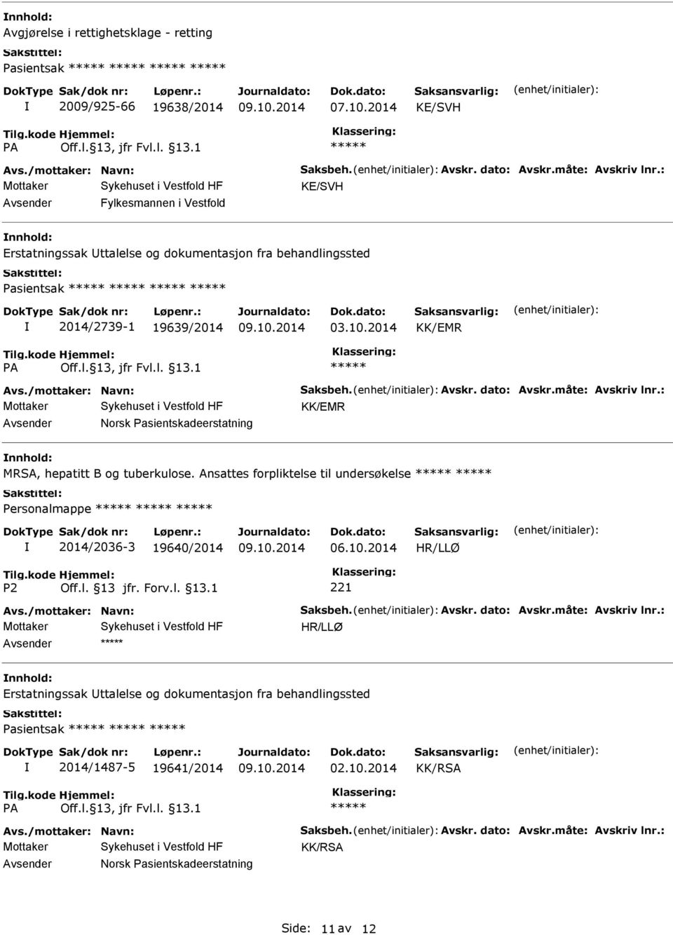 dato: Avskr.måte: Avskriv lnr.: KK/EMR Avsender Norsk Pasientskadeerstatning nnhold: MRSA, hepatitt B og tuberkulose. Ansattes forpliktelse til undersøkelse Personalmappe 2014/2036-3 19640/2014 06.10.