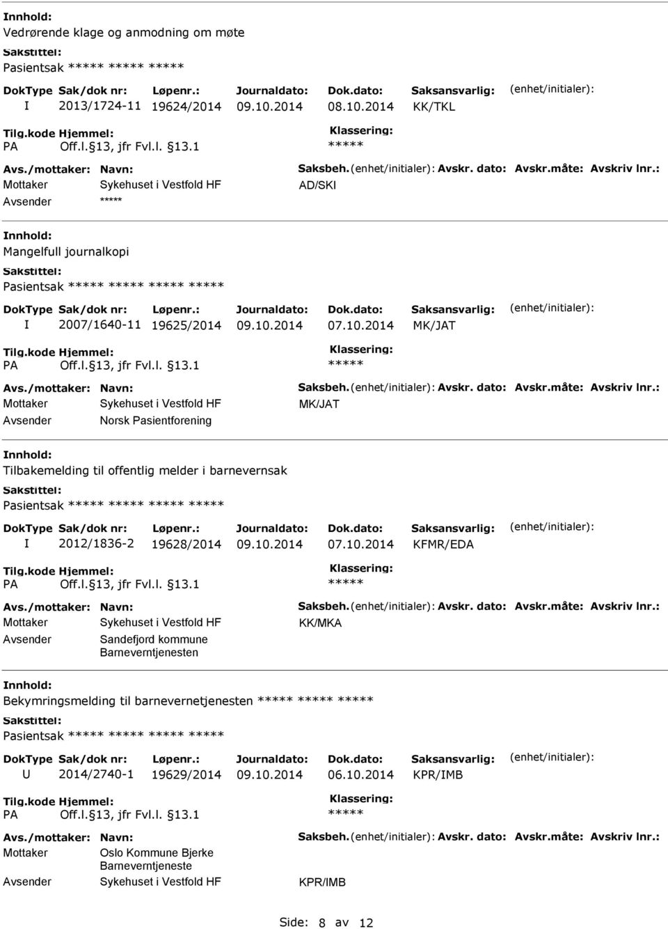 : MK/JAT Avsender Norsk Pasientforening nnhold: Tilbakemelding til offentlig melder i barnevernsak Pasientsak 2012/1836-2 19628/2014 KFMR/EDA Avs./mottaker: Navn: Saksbeh. Avskr. dato: Avskr.