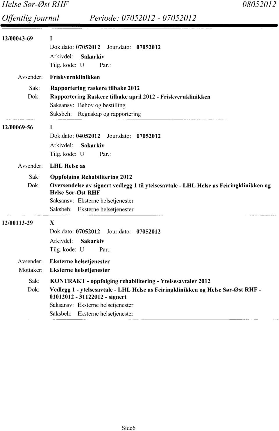 av signert vedlegg 1 til ytelsesavtale - LHL Helse as Feiringklinikken og Helse Sør-Øst RHF 12/00113-29 X Eksterne helsetjenester Mottaker: Eksterne helsetjenester Sak: