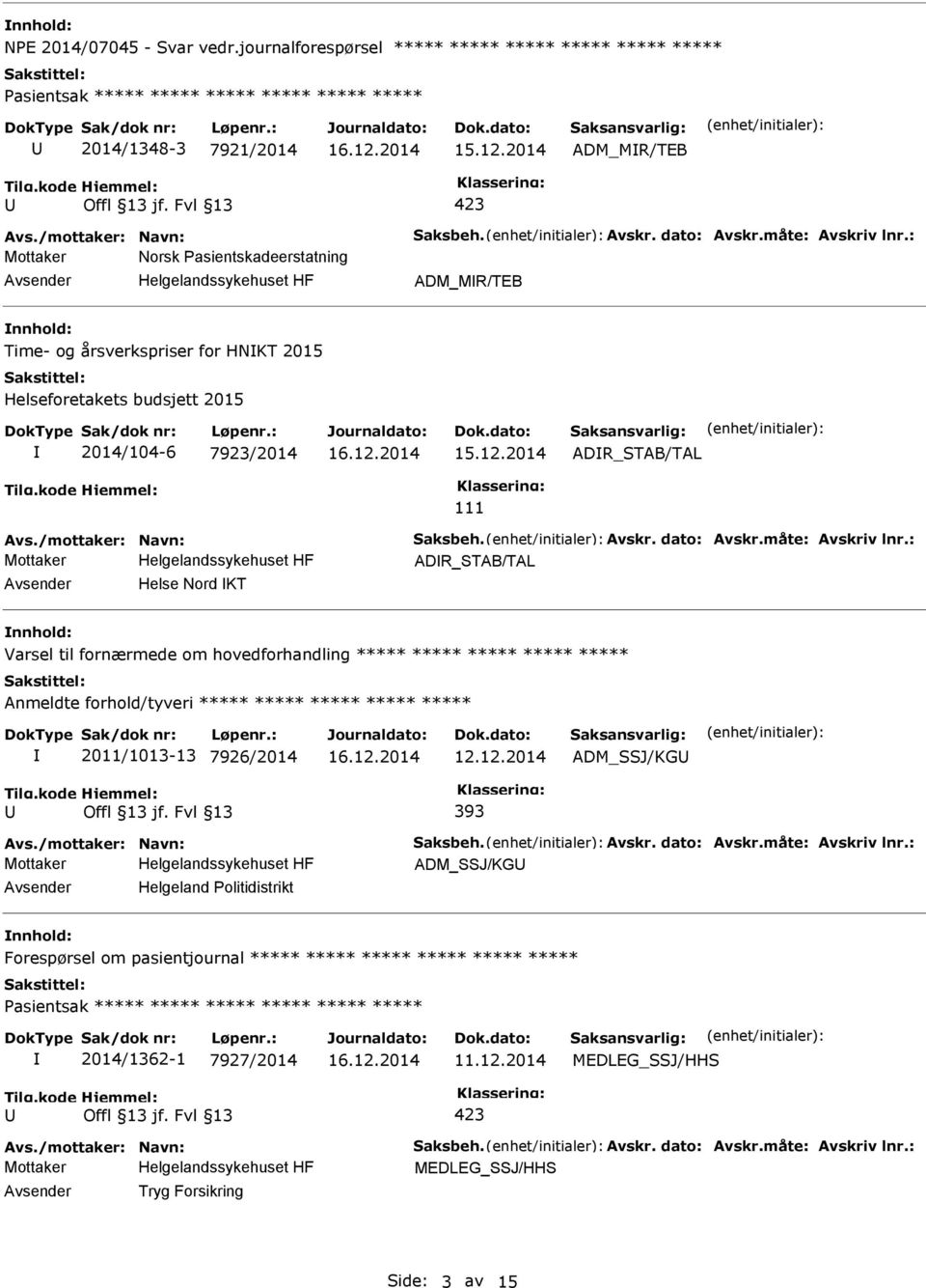 : Mottaker Norsk asientskadeerstatning ADM_MR/TEB nnhold: Time- og årsverkspriser for HNKT 2015 Helseforetakets budsjett 2015 2014/104-6 7923/2014 111 ADR_STAB/TAL Avs./mottaker: Navn: Saksbeh.