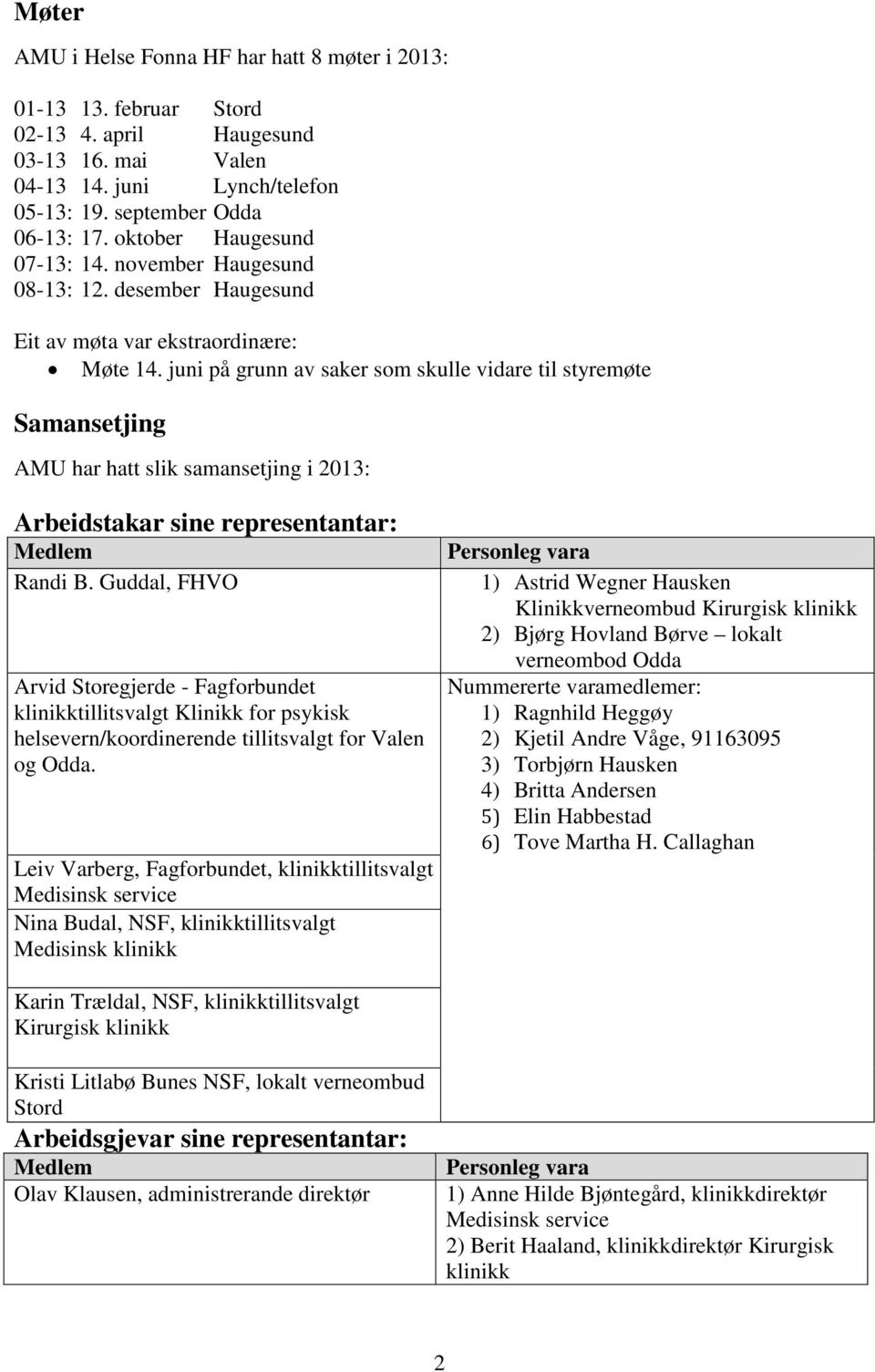 juni på grunn av saker som skulle vidare til styremøte Samansetjing AMU har hatt slik samansetjing i 2013: Arbeidstakar sine representantar: Medlem Randi B.