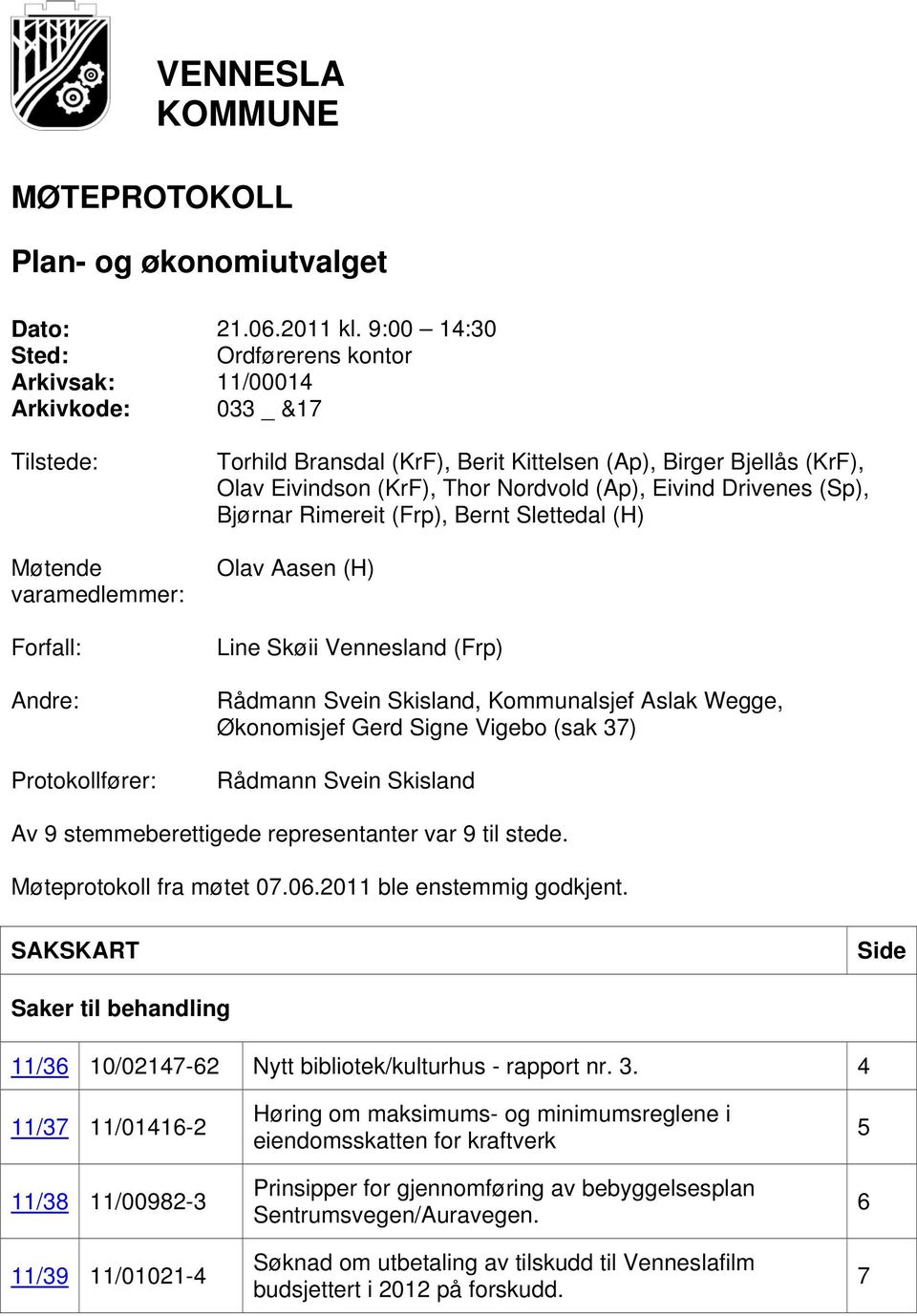 Bjellås (KrF), Olav Eivindson (KrF), Thor Nordvold (Ap), Eivind Drivenes (Sp), Bjørnar Rimereit (Frp), Bernt Slettedal (H) Olav Aasen (H) Line Skøii Vennesland (Frp) Rådmann Svein Skisland,