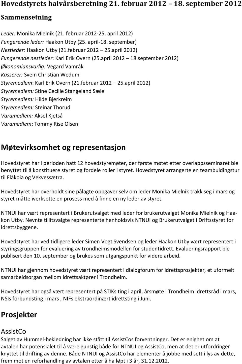 september 2012) Økonomiansvarlig: Vegard Vamråk Kasserer: Svein Christian Wedum Styremedlem: Karl Erik Overn (21.februar 2012 25.