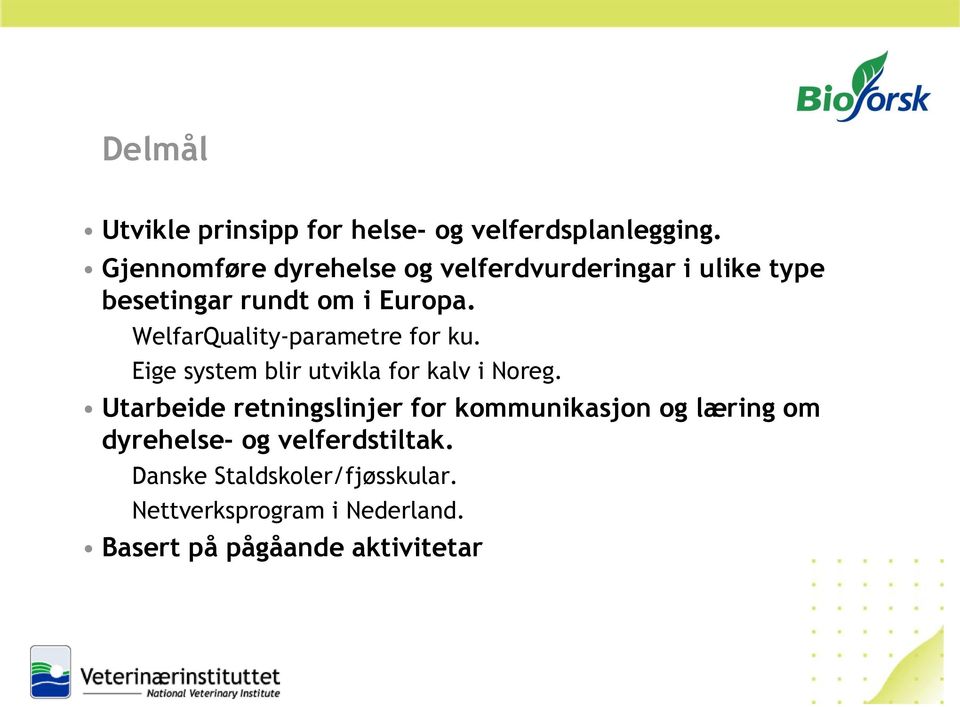 WelfarQuality-parametre for ku. Eige system blir utvikla for kalv i Noreg.