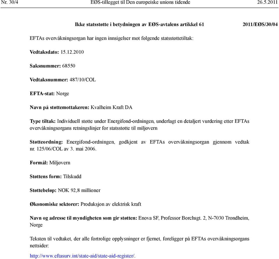 2010 Saksnummer: 68550 Vedtaksnummer: 487/10/COL EFTA-stat: Norge Navn på støttemottakeren: Kvalheim Kraft DA Type tiltak: Individuell støtte under Energifond-ordningen, underlagt en detaljert