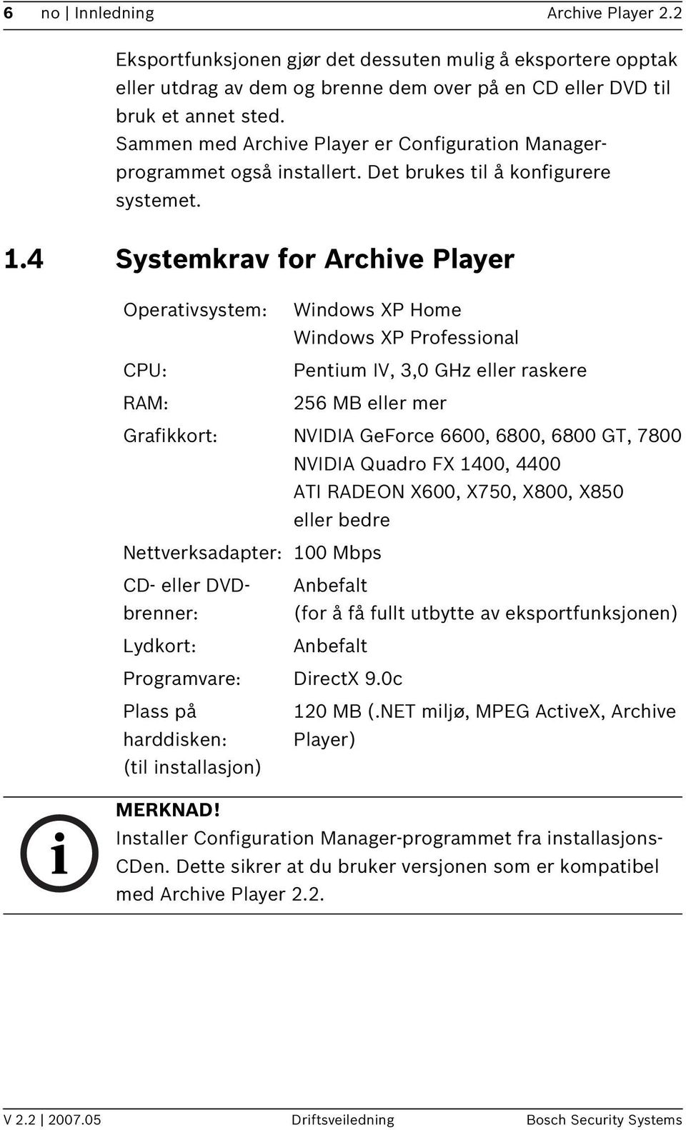 4 Systemkrav for Archive Player Operativsystem: Windows XP Home Windows XP Professional CPU: Pentium IV, 3,0 GHz eller raskere RAM: 256 MB eller mer Grafikkort: NVIDIA GeForce 6600, 6800, 6800 GT,