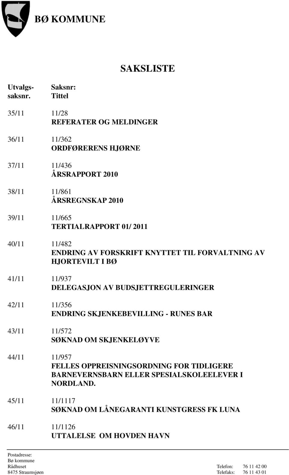 TERTIALRAPPORT 01/ 2011 40/11 11/482 ENDRING AV FORSKRIFT KNYTTET TIL FORVALTNING AV HJORTEVILT I BØ 41/11 11/937 DELEGASJON AV BUDSJETTREGULERINGER