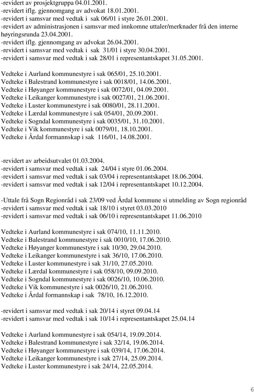 10.2001. Vedteke i Balestrand kommunestyre i sak 0018/01, 14.06.2001. Vedteke i Høyanger kommunestyre i sak 0072/01, 04.09.2001. Vedteke i Leikanger kommunestyre i sak 0027/01, 21.06.2001. Vedteke i Luster kommunestyre i sak 0080/01, 28.