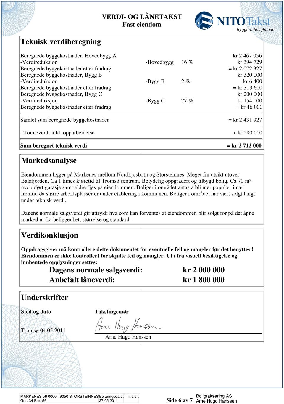 000 Beregnede byggekostnader etter fradrag = kr 46 000 Samlet sum beregnede byggekostnader = kr 431 97 +Tomteverdi inkl opparbeidelse + kr 80 000 Sum beregnet teknisk verdi = kr 71 000 Markedsanalyse