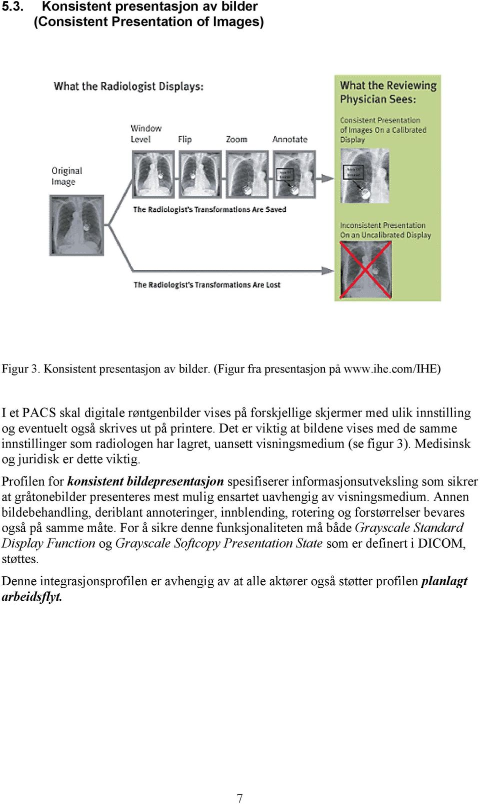 Det er viktig at bildene vises med de samme innstillinger som radiologen har lagret, uansett visningsmedium (se figur 3). Medisinsk og juridisk er dette viktig.