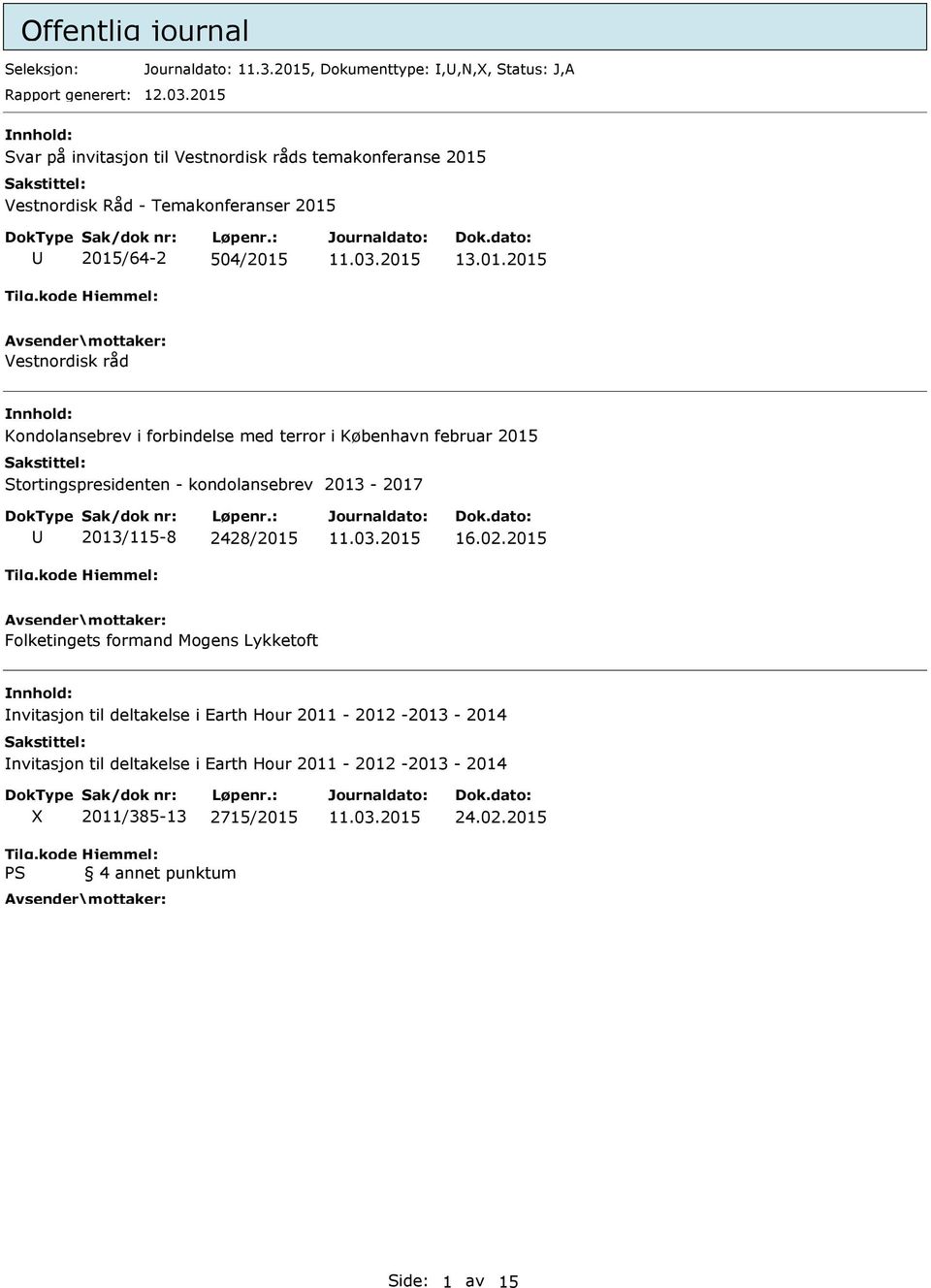 Kondolansebrev i forbindelse med terror i København februar 2015 Stortingspresidenten - kondolansebrev 2013-2017 2013/115-8 2428/2015 16.02.