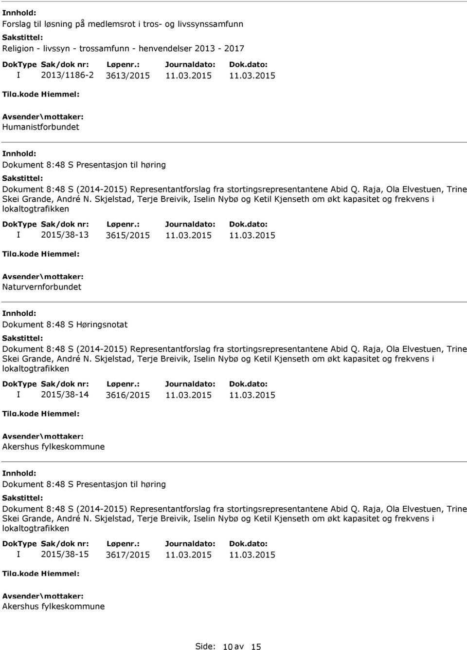 Skjelstad, Terje Breivik, selin Nybø og Ketil Kjenseth om økt kapasitet og frekvens i lokaltogtrafikken 2015/38-13 3615/2015 Naturvernforbundet Dokument 8:48 S Høringsnotat  Skjelstad, Terje Breivik,