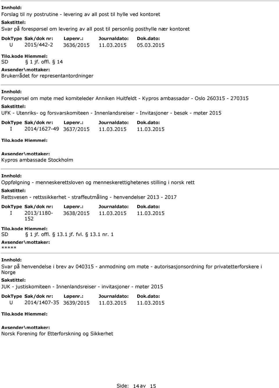 2015 Forespørsel om møte med komiteleder Anniken Huitfeldt - Kypros ambassadør - Oslo 260315-270315 FK - tenriks- og forsvarskomiteen - nnenlandsreiser - nvitasjoner - besøk - møter 2015 2014/1627-49