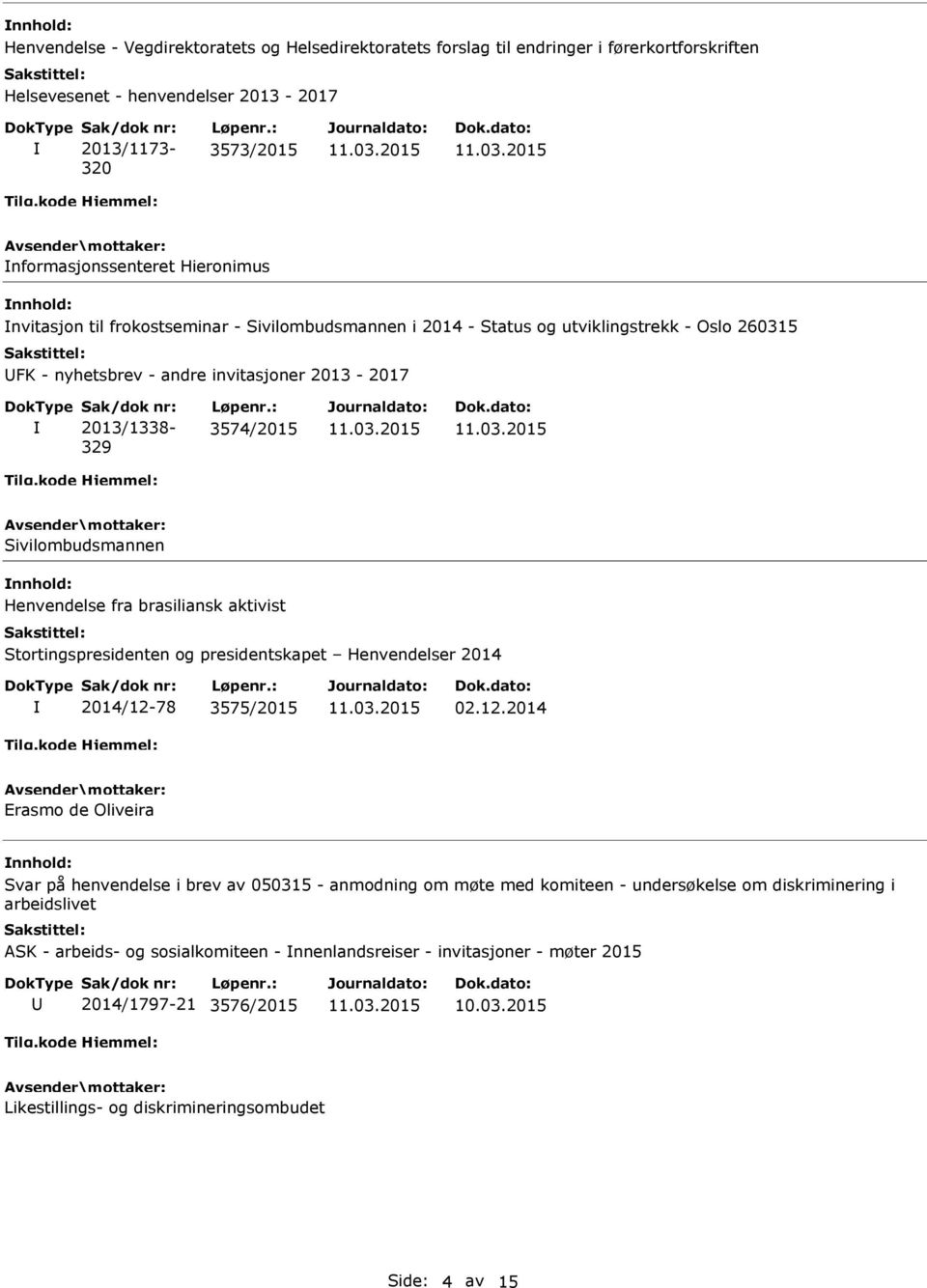 Løpenr.: 3574/2015 Henvendelse fra brasiliansk aktivist Stortingspresidenten og presidentskapet Henvendelser 2014 2014/12-