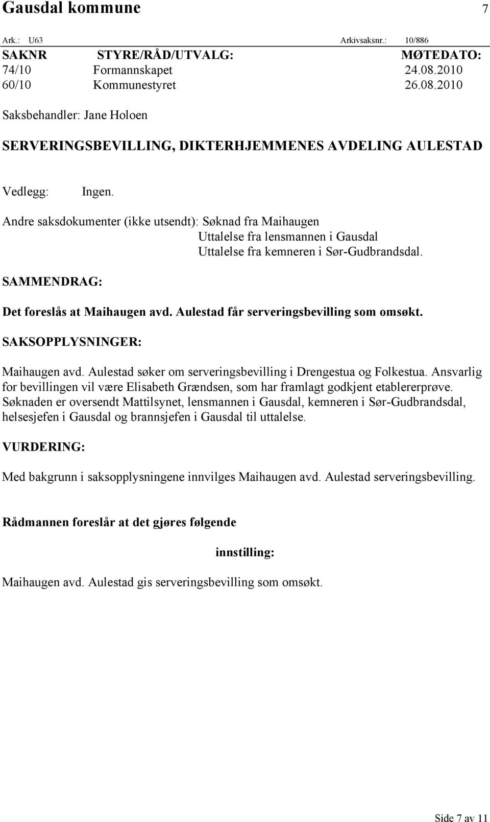 Andre saksdokumenter (ikke utsendt): Søknad fra Maihaugen Uttalelse fra lensmannen i Gausdal Uttalelse fra kemneren i Sør-Gudbrandsdal. SAMMENDRAG: Det foreslås at Maihaugen avd.