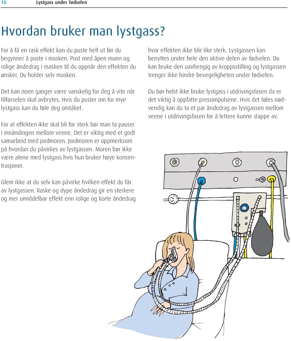 Hvis du puster inn for mye lystgass kan du føle deg omtåket. For at effekten ikke skal bli for sterk bør man ta pauser i innåndingen mellom veene. Det er viktig med et godt samarbeid med jordmoren.