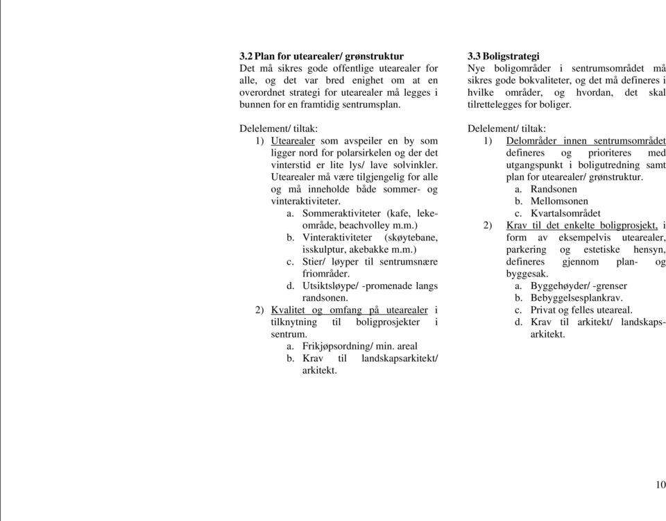 Utearealer må være tilgjengelig for alle og må inneholde både sommer- og vinteraktiviteter. a. Sommeraktiviteter (kafe, lekeområde, beachvolley m.m.) b.