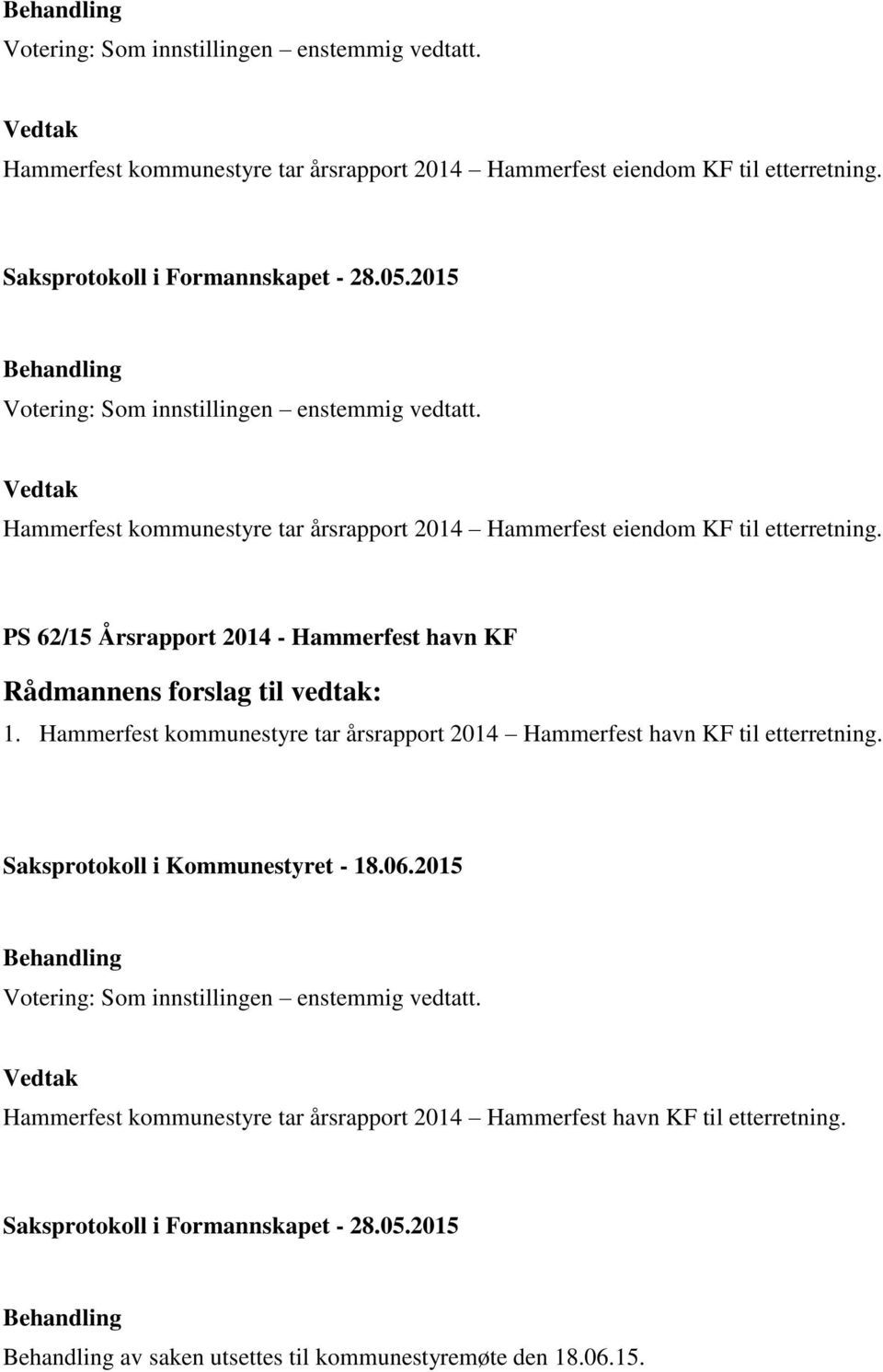 Hammerfest kommunestyre tar årsrapport 2014 Hammerfest havn KF til etterretning.