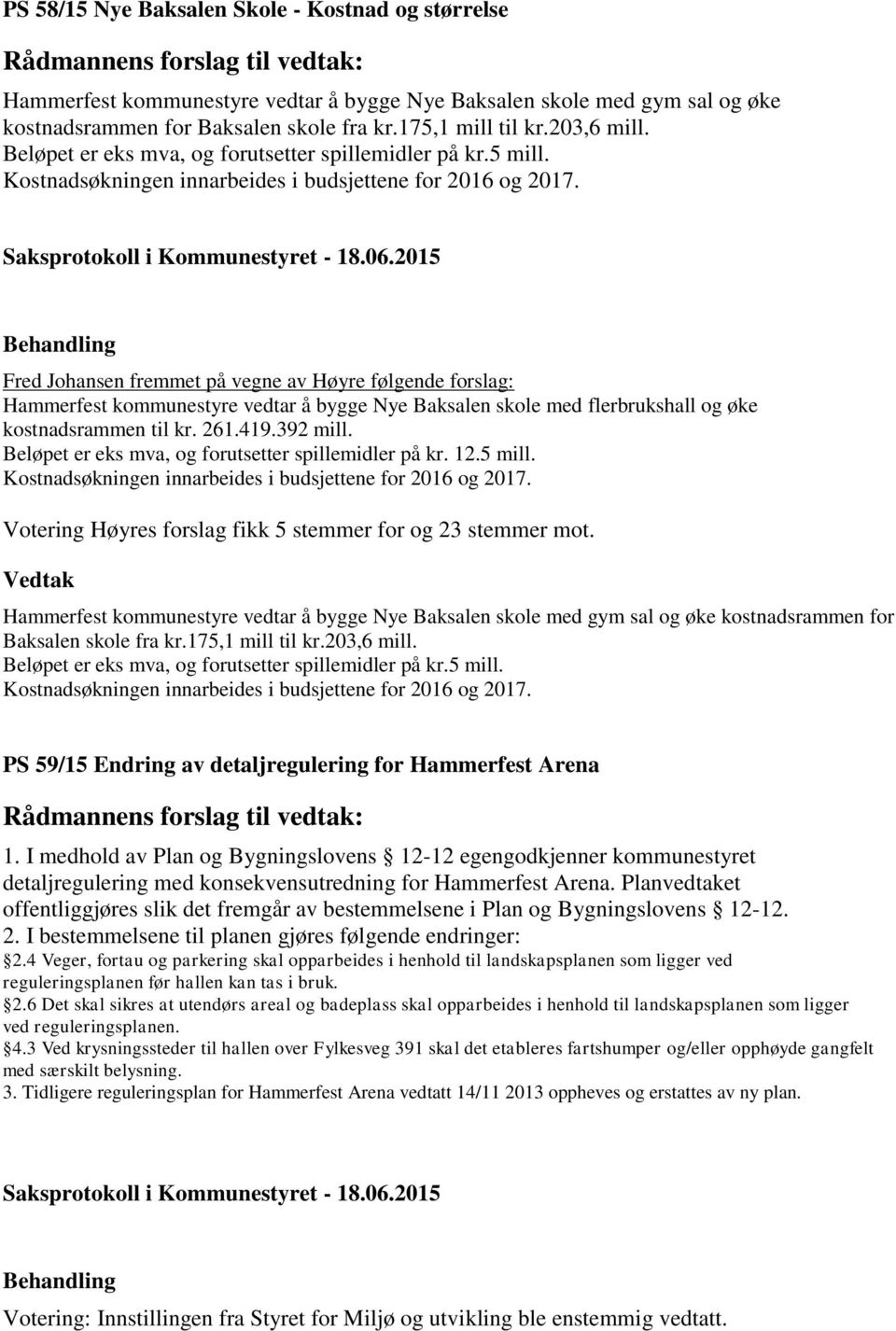 Fred Johansen fremmet på vegne av Høyre følgende forslag: Hammerfest kommunestyre vedtar å bygge Nye Baksalen skole med flerbrukshall og øke kostnadsrammen til kr. 261.419.392 mill.