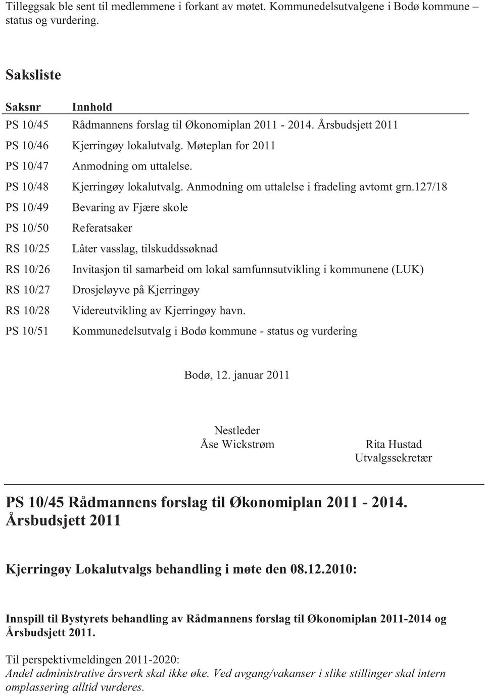 127/18 PS 10/49 Bevaring av Fjære skole PS 10/50 Referatsaker RS 10/25 Låter vasslag, tilskuddssøknad RS 10/26 Invitasjon til samarbeid om lokal samfunnsutvikling i kommunene (LUK) RS 10/27