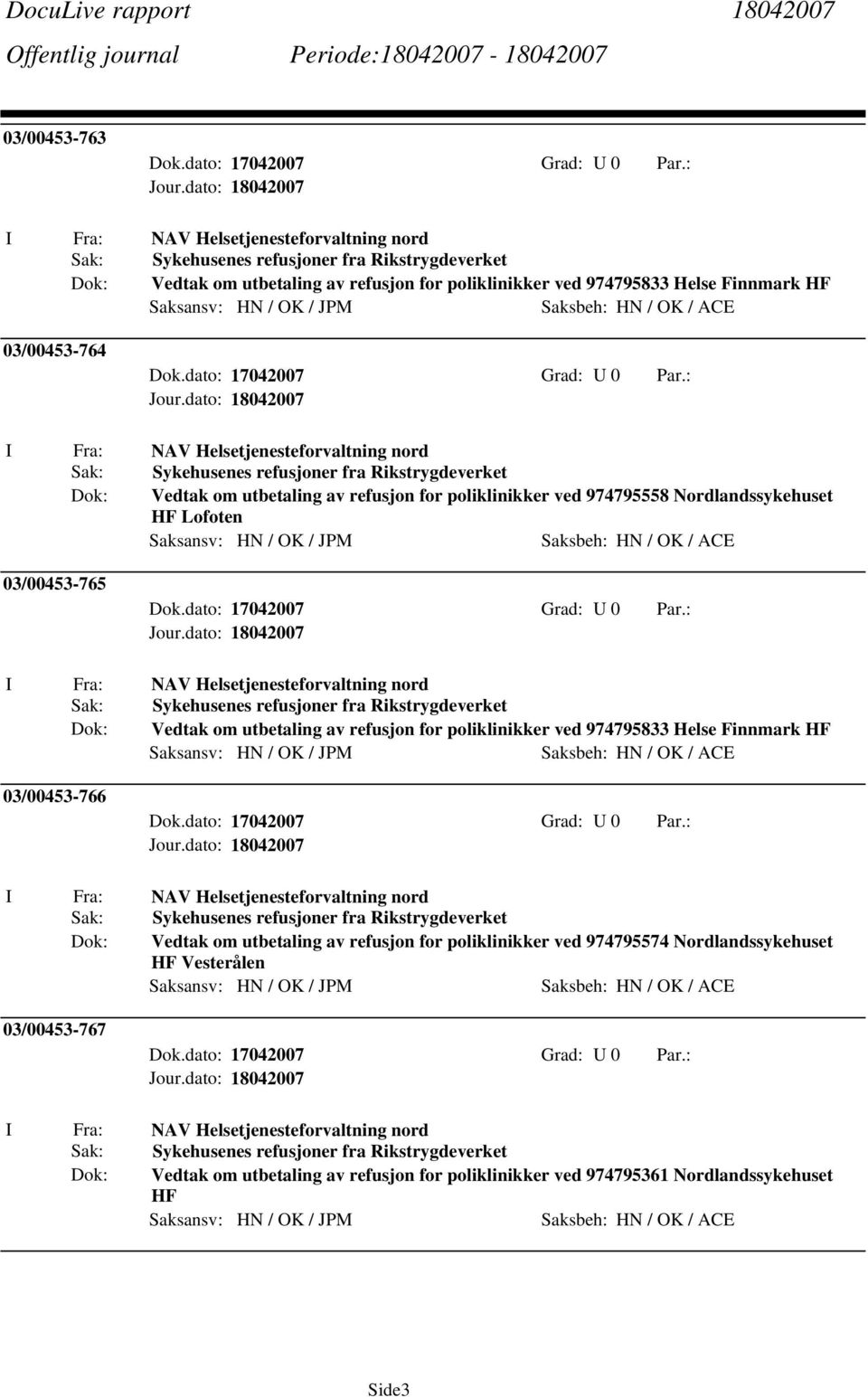 refusjon for poliklinikker ved 974795833 Helse Finnmark HF 03/00453-766 Vedtak om utbetaling av refusjon for poliklinikker ved