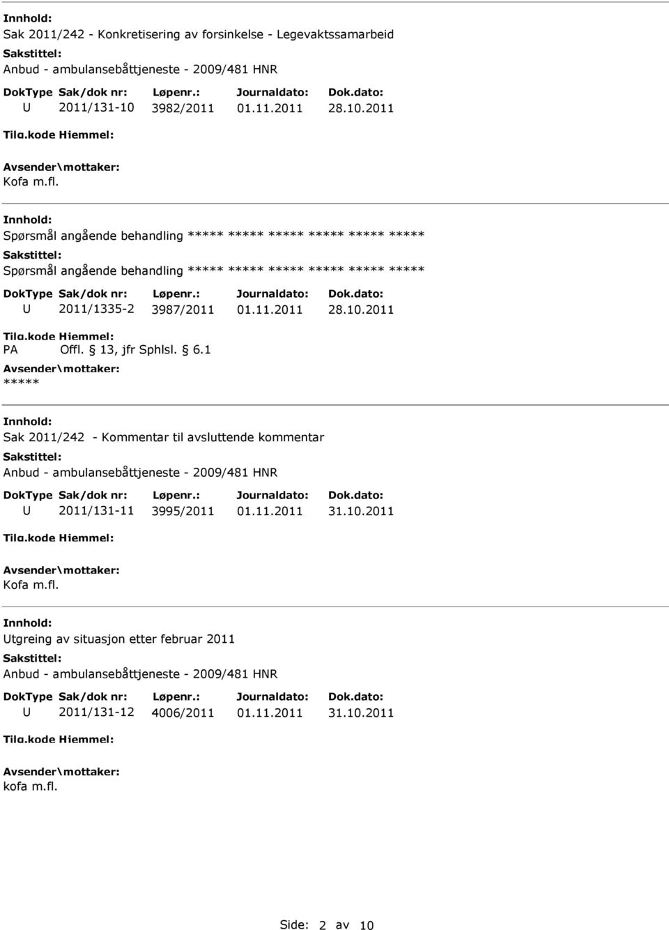 3987/2011 ***** Sak 2011/242 - Kommentar til avsluttende kommentar Anbud - ambulansebåttjeneste - 2009/481 HNR 2011/131-11 3995/2011 31.10.