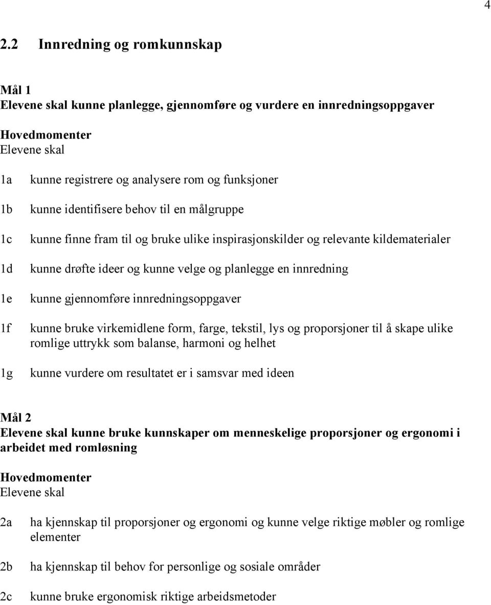 kunne bruke virkemidlene form, farge, tekstil, lys og proporsjoner til å skape ulike romlige uttrykk som balanse, harmoni og helhet kunne vurdere om resultatet er i samsvar med ideen Mål 2 kunne