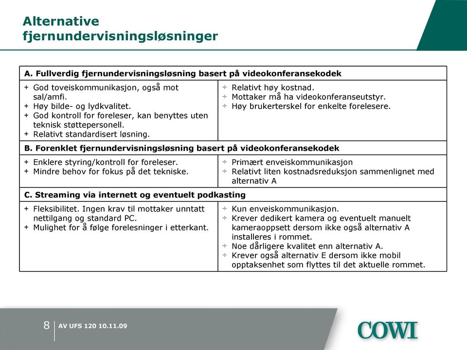 Høy brukerterskel for enkelte forelesere. B. Forenklet fjernundervisningsløsning basert på videokonferansekodek + Enklere styring/kontroll for foreleser. + Mindre behov for fokus på det tekniske. C.