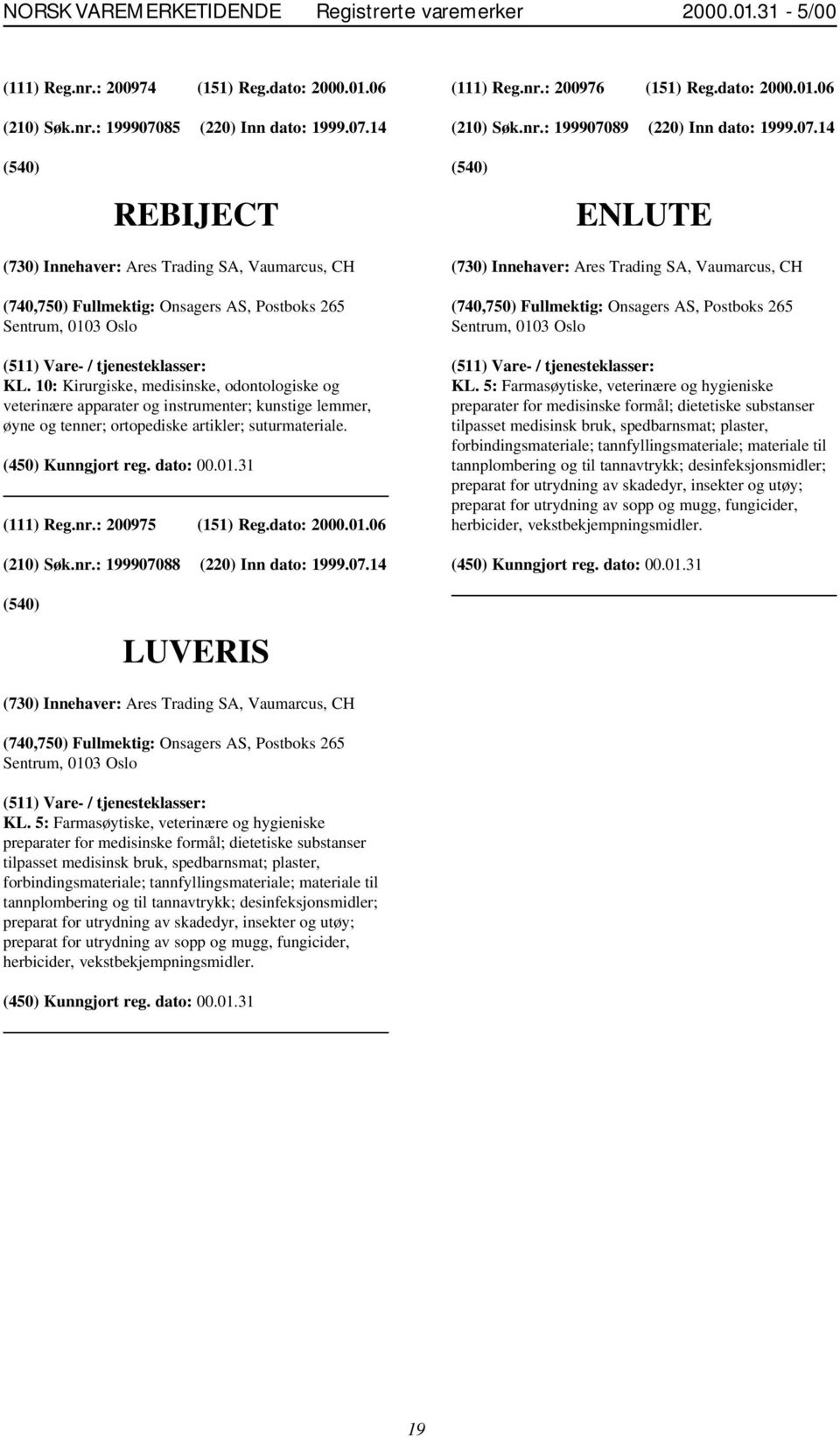 10: Kirurgiske, medisinske, odontologiske og veterinære apparater og instrumenter; kunstige lemmer, øyne og tenner; ortopediske artikler; suturmateriale. (111) Reg.nr.: 200975 (151) Reg.dato: 2000.01.