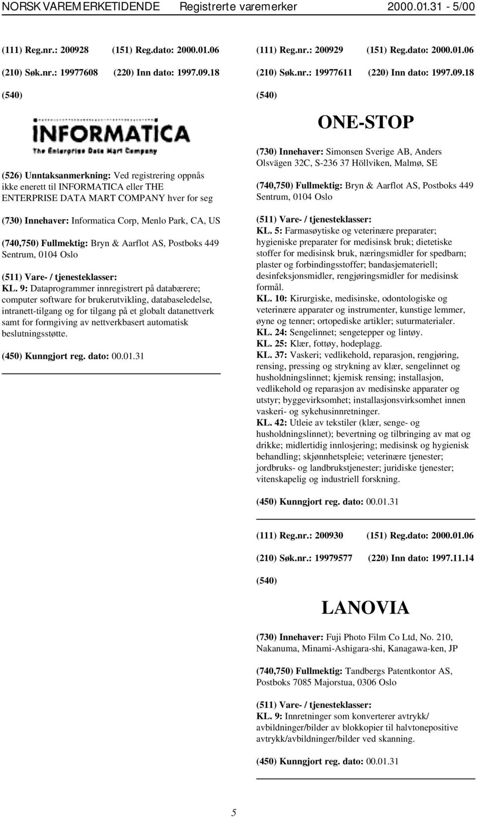 18 ONE-STOP (526) Unntaksanmerkning: Ved registrering oppnås ikke enerett til INFORMATICA eller THE ENTERPRISE DATA MART COMPANY hver for seg (730) Innehaver: Informatica Corp, Menlo Park, CA, US KL.