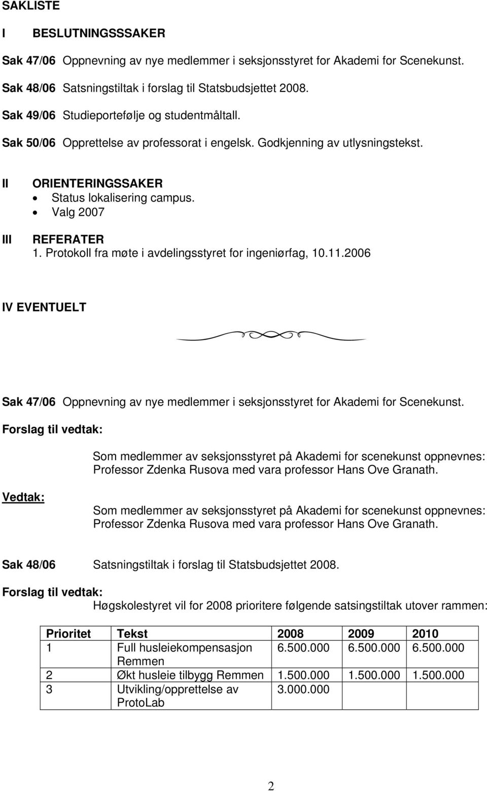 Valg 2007 REFERATER 1. Protokoll fra møte i avdelingsstyret for ingeniørfag, 10.11.2006 IV EVENTUELT Sak 47/06 Oppnevning av nye medlemmer i seksjonsstyret for Akademi for Scenekunst.