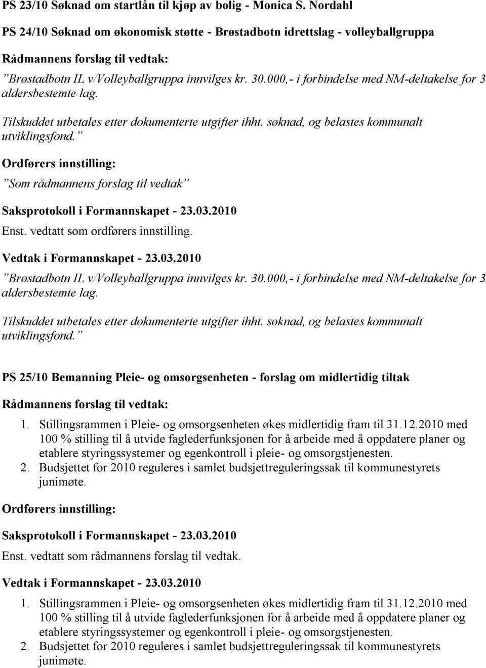 Som rådmannens forslag til vedtak Enst. vedtatt som ordførers innstilling. Brøstadbotn IL v/volleyballgruppa innvilges kr. 30.