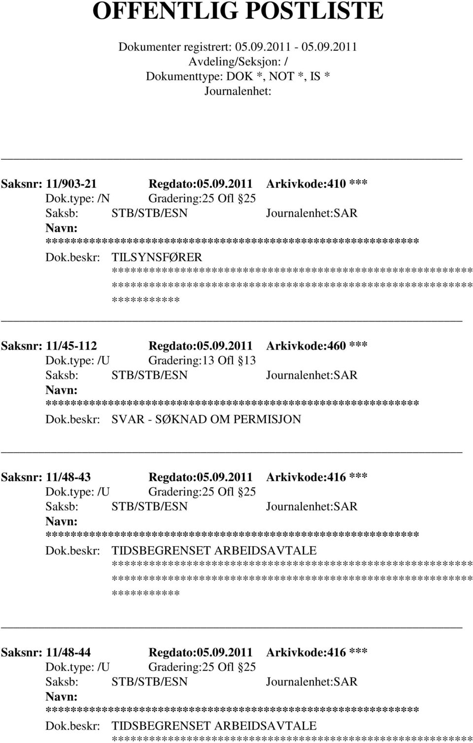 beskr: SVAR - SØKNAD OM PERMISJON Saksnr: 11/48-43 Regdato:05.09.2011 Arkivkode:416 *** Dok.